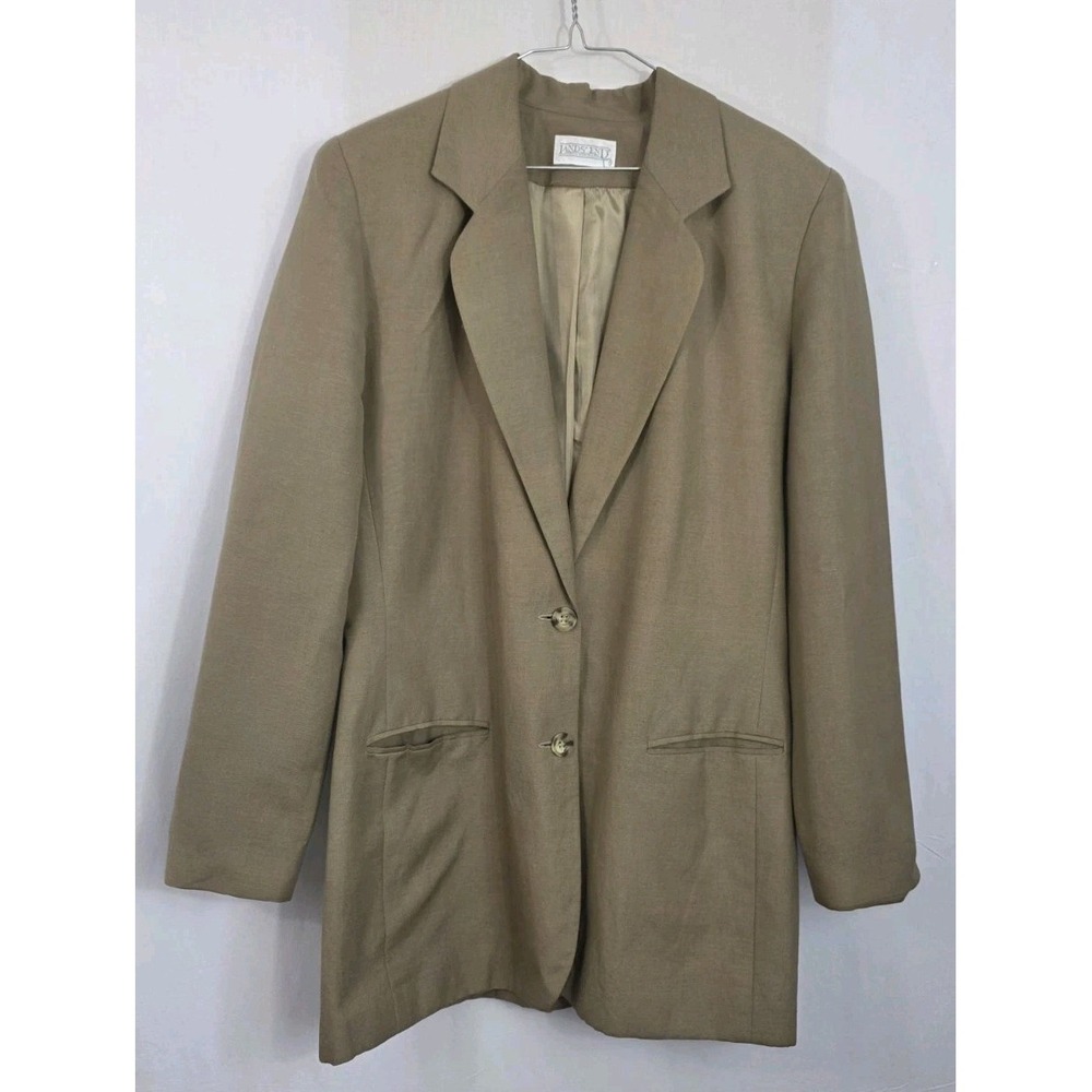 Vintage Lands End USA Khaki Tan Linen Blend Blazer Jacket Women's 14 Tall 90s
